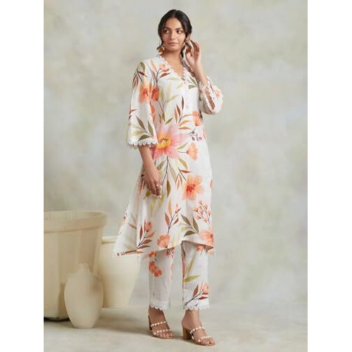 Yashika Women's Regular 3/4 Sleeve Floral Printed Kurti Pant Set, Cotton Blend, Knee Length, Stylish Ethnic Outfit, Office, and Casual Occasions (AZ-YS-OG1-KS2170-Parent_White