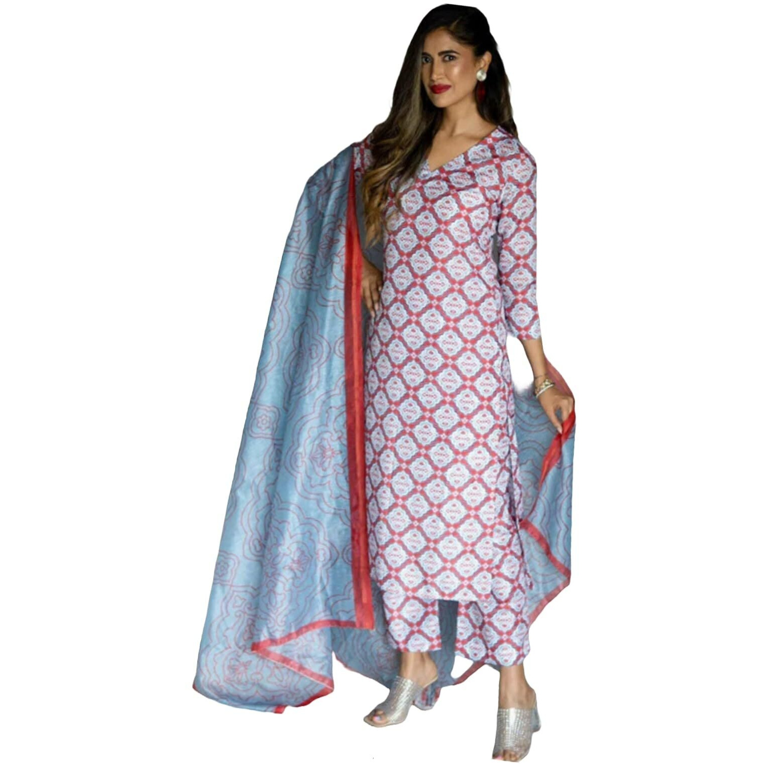 Yashika Women's Latest Printed Cotton Blend Straight Kurta Pant Dupatta Set (AZ-YS-OG1-KS2157-M_Red