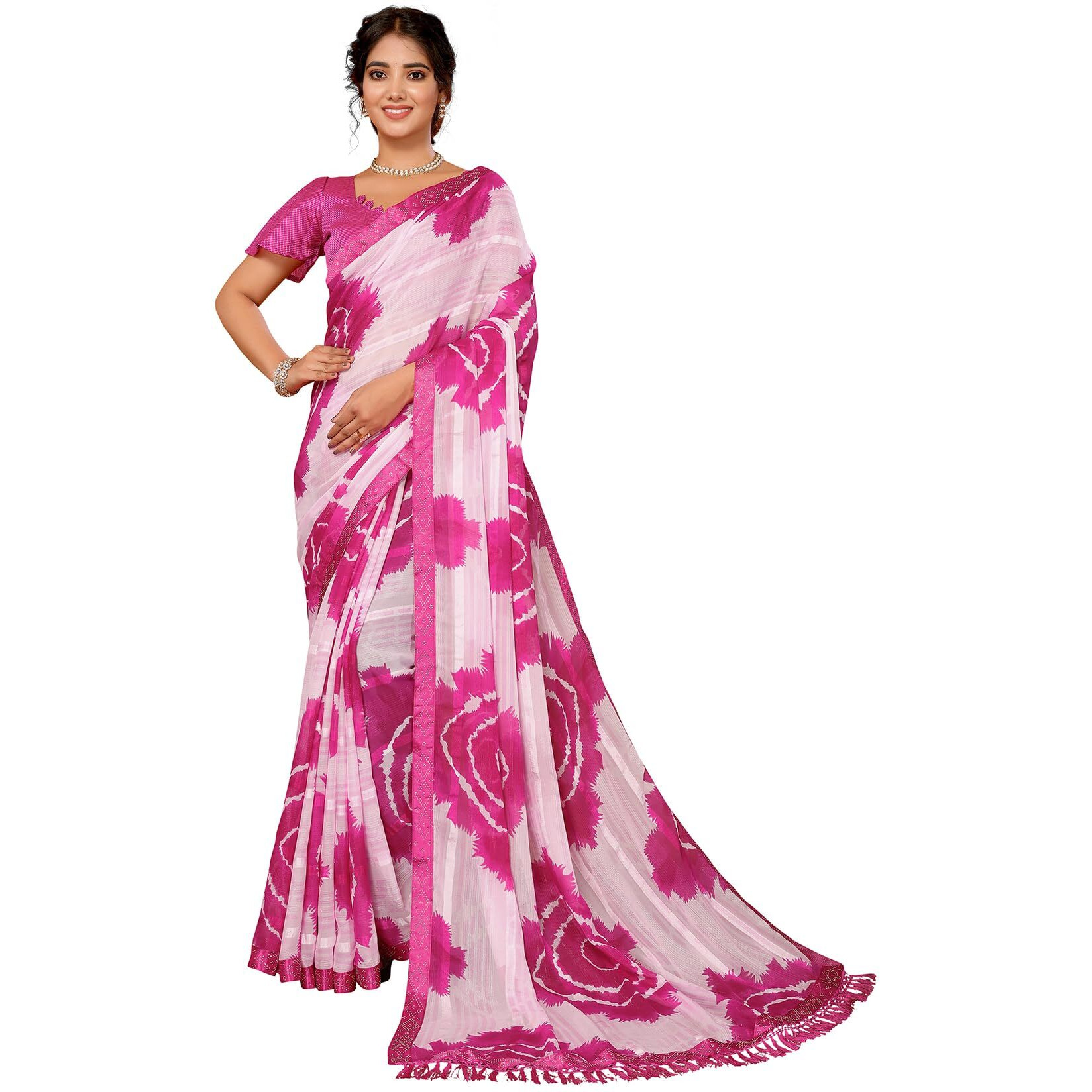 Yashika Women's Weightless Georgette Satin Printed Hot Fix Swarovski Lace with Tassels Unstitched Blouse Material Saree (AZ-YS-P1-SUFIYA-Parent_Pink)