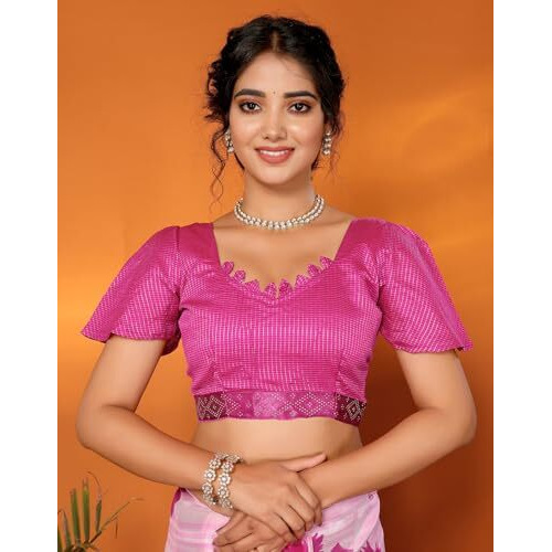 Yashika Women's Weightless Georgette Satin Printed Hot Fix Swarovski Lace with Tassels Unstitched Blouse Material Saree (AZ-YS-P1-SUFIYA-Parent_Pink)