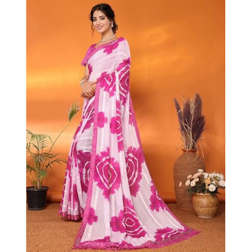 Yashika Women's Weightless Georgette Satin Printed Hot Fix Swarovski Lace with Tassels Unstitched Blouse Material Saree (AZ-YS-P1-SUFIYA-Parent_Pink)