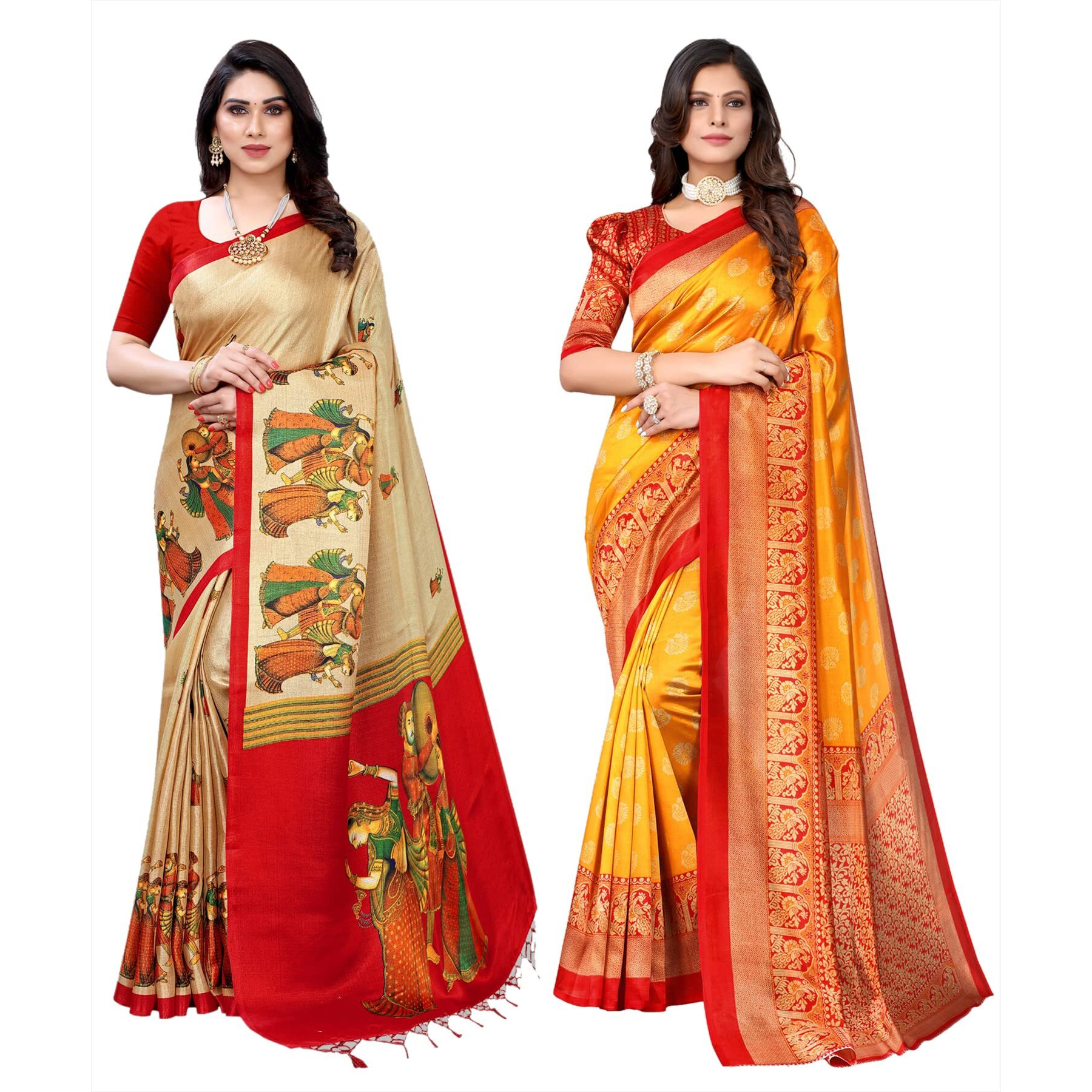 Yashika Women's Combo Art Silk Printed Saree With Blouse Piece Pack Of 2(RAJARANI CHICKU-MINALI MUSTARD)