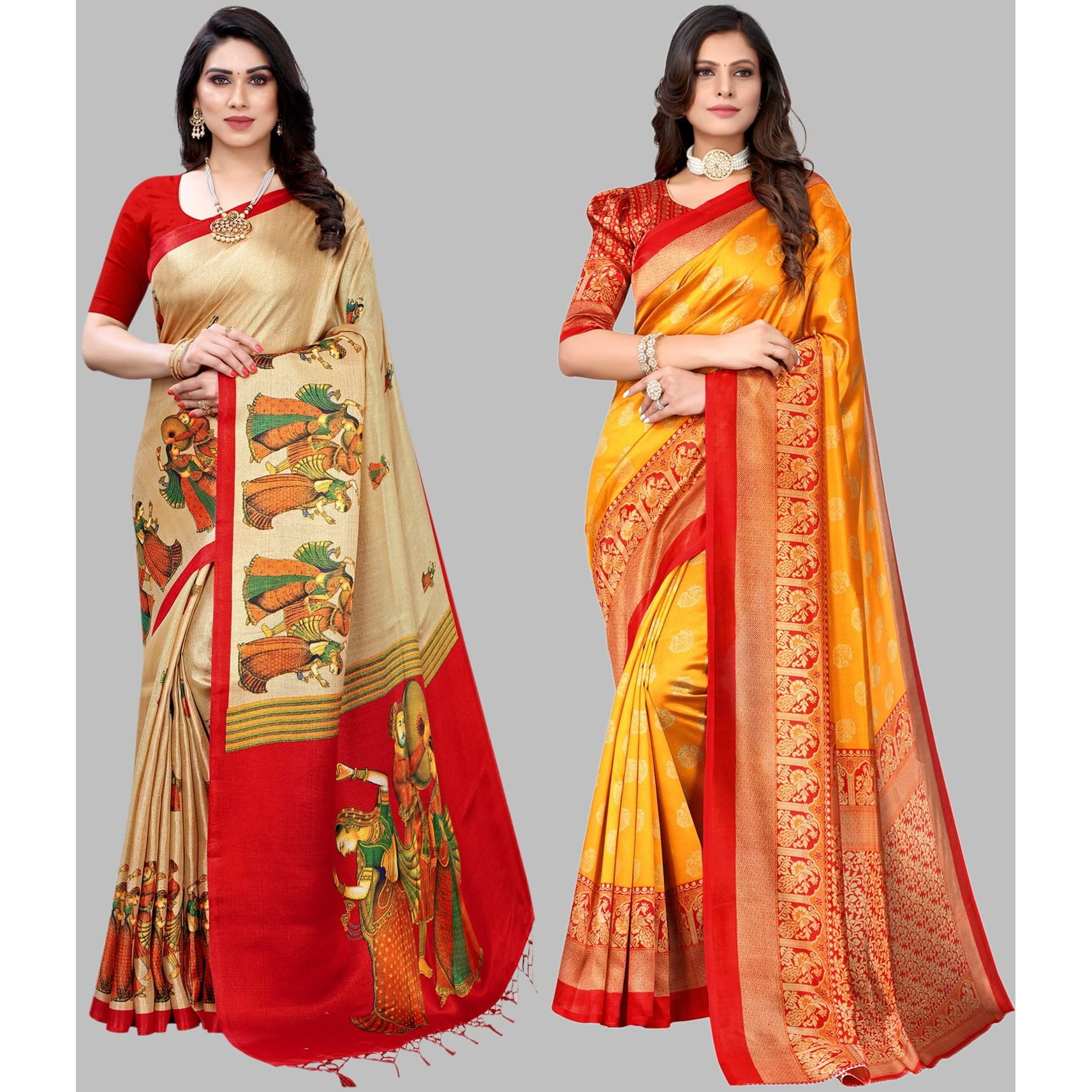 Yashika Women's Combo Art Silk Printed Saree With Blouse Piece Pack Of 2(RAJARANI CHICKU-MINALI MUSTARD)