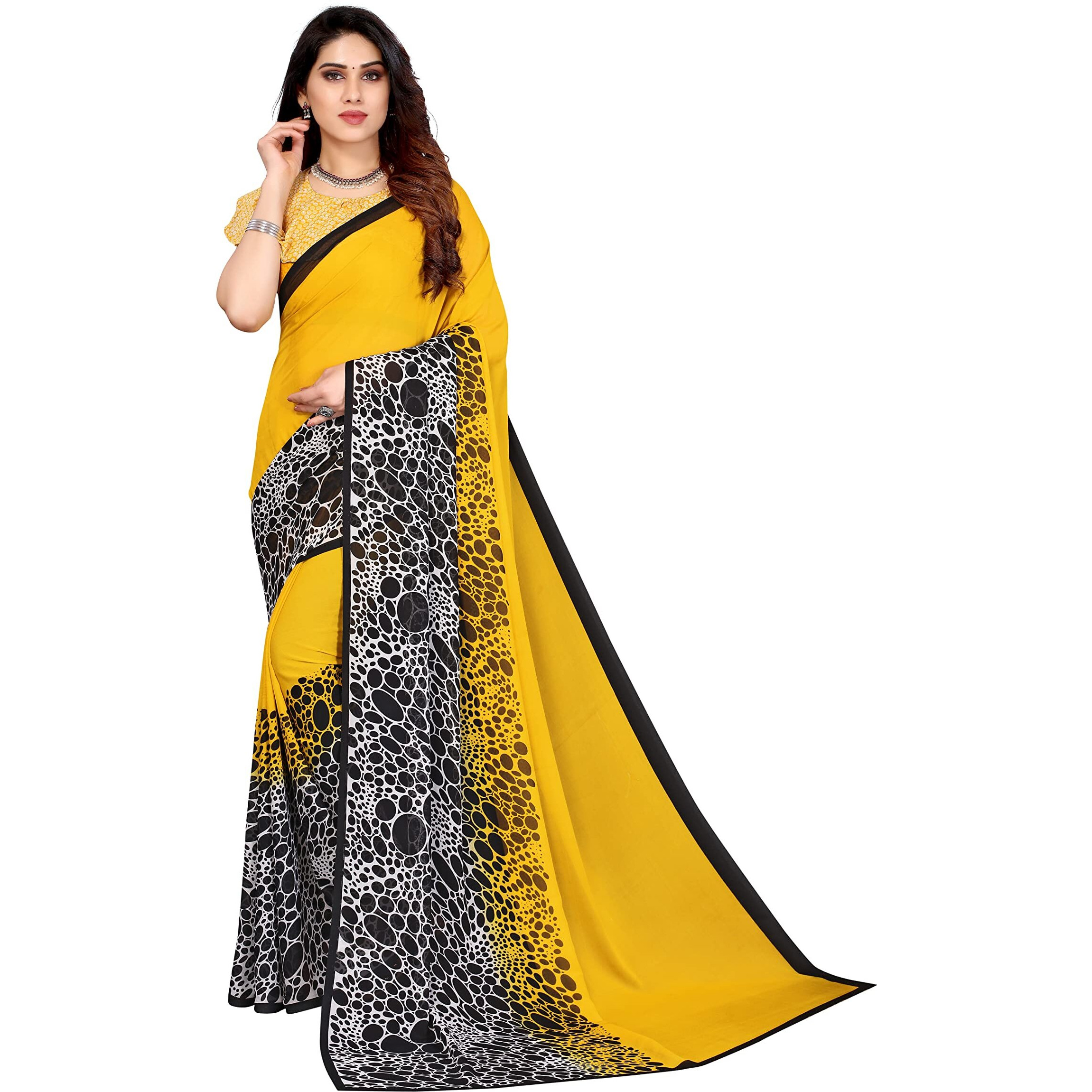 Yashika Womens Printed Georgette Saree With Blouse Piece(YELLOW BLACK_Free Size)