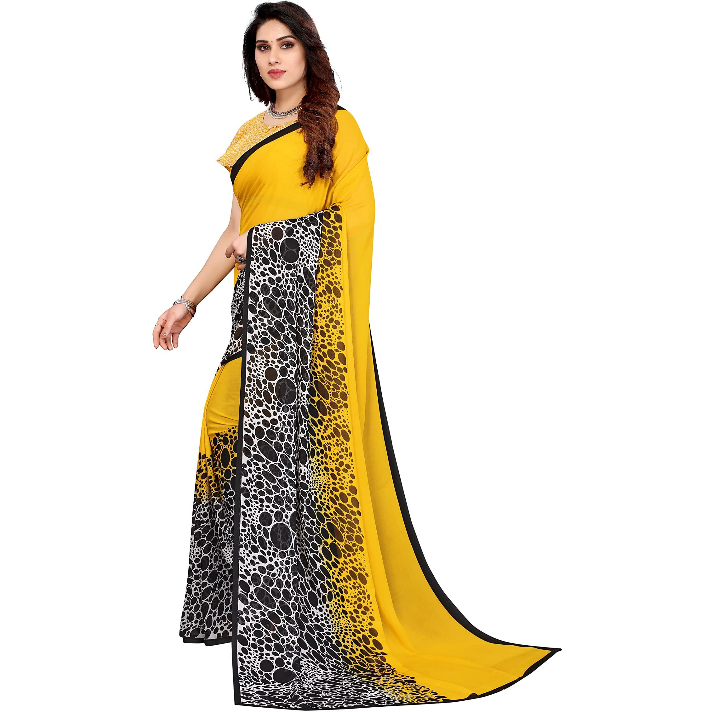Yashika Womens Printed Georgette Saree With Blouse Piece(YELLOW BLACK_Free Size)