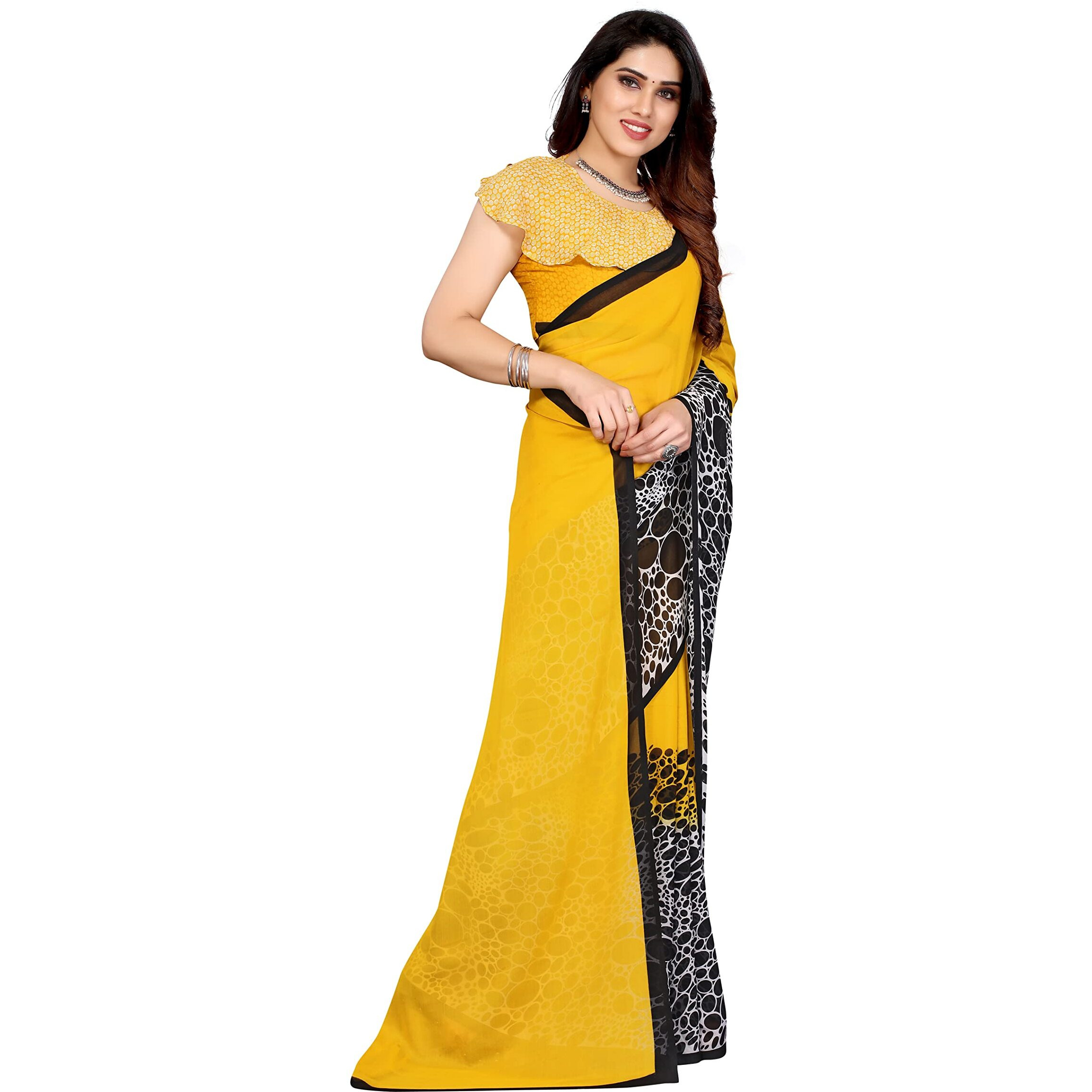 Yashika Womens Printed Georgette Saree With Blouse Piece(YELLOW BLACK_Free Size)