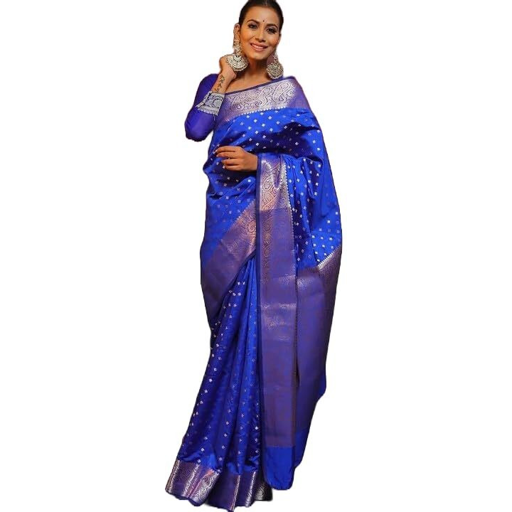 Yashika Women's Banarasi Kanjivaram Cotton Silk Woven Saree with Unstitched Blouse Material (AZ-YS-OG-SIMMI BLUE)
