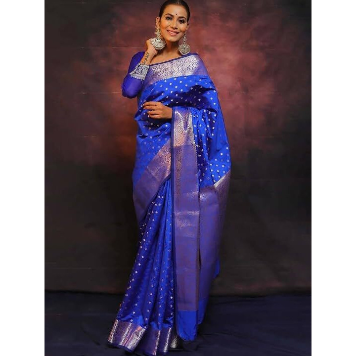 Yashika Women's Banarasi Kanjivaram Cotton Silk Woven Saree with Unstitched Blouse Material (AZ-YS-OG-SIMMI BLUE)
