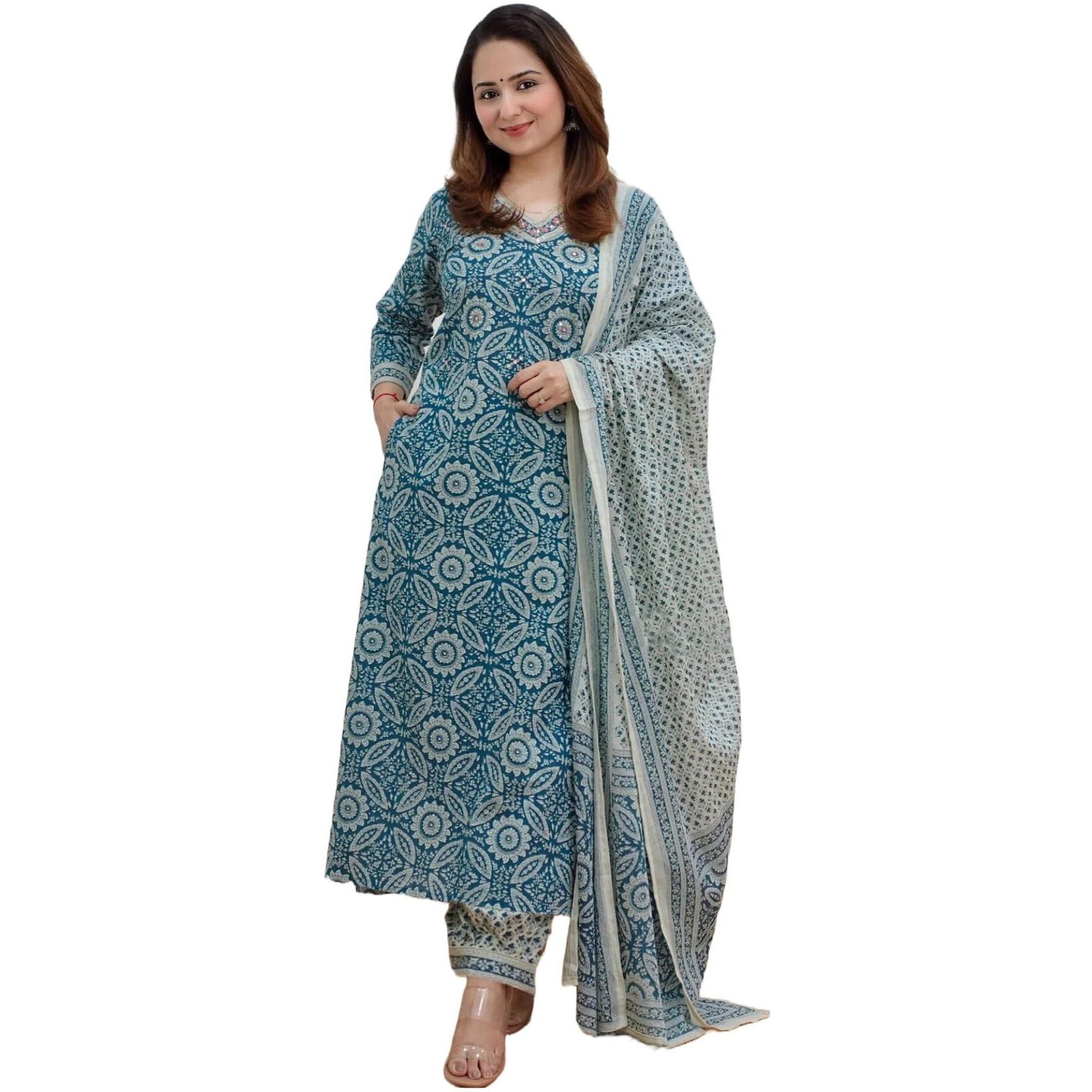ANNI DESIGNER Women's Cotton Blend Block Printed Straight Kurta with Pant & Dupatta (Nihira Blue_XL_Blue_X-Large)