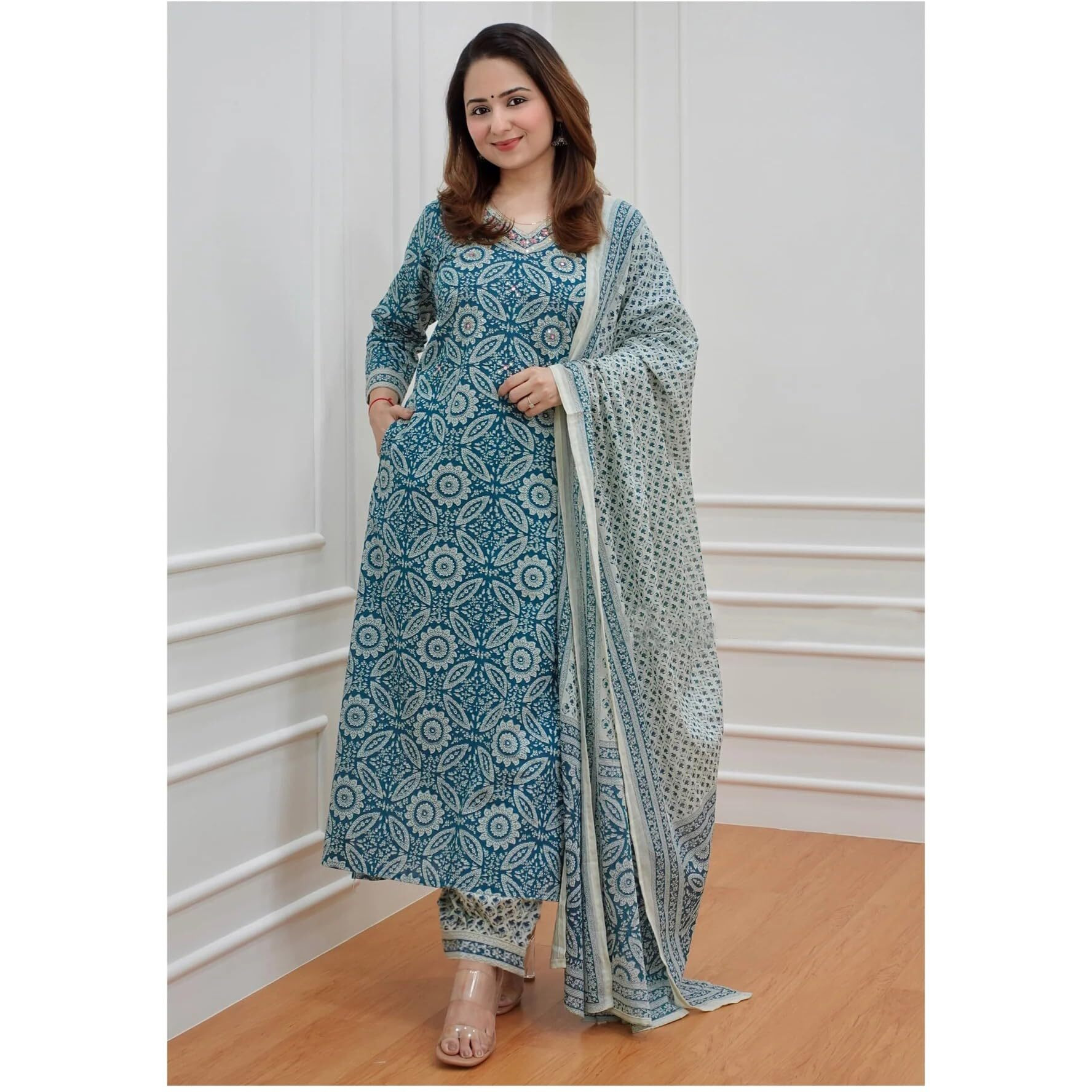 ANNI DESIGNER Women's Cotton Blend Block Printed Straight Kurta with Pant & Dupatta (Nihira Blue_XL_Blue_X-Large)