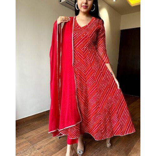 ANNI DESIGNER Women's Rayon Blend Anarkali Printed Kurta with Pant & Dupatta (Migesha Red_L_Red_Large)