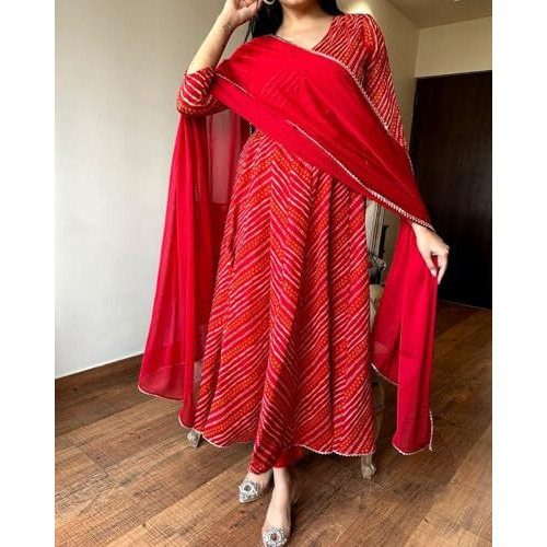 ANNI DESIGNER Women's Rayon Blend Anarkali Printed Kurta with Pant & Dupatta (Migesha Red_L_Red_Large)