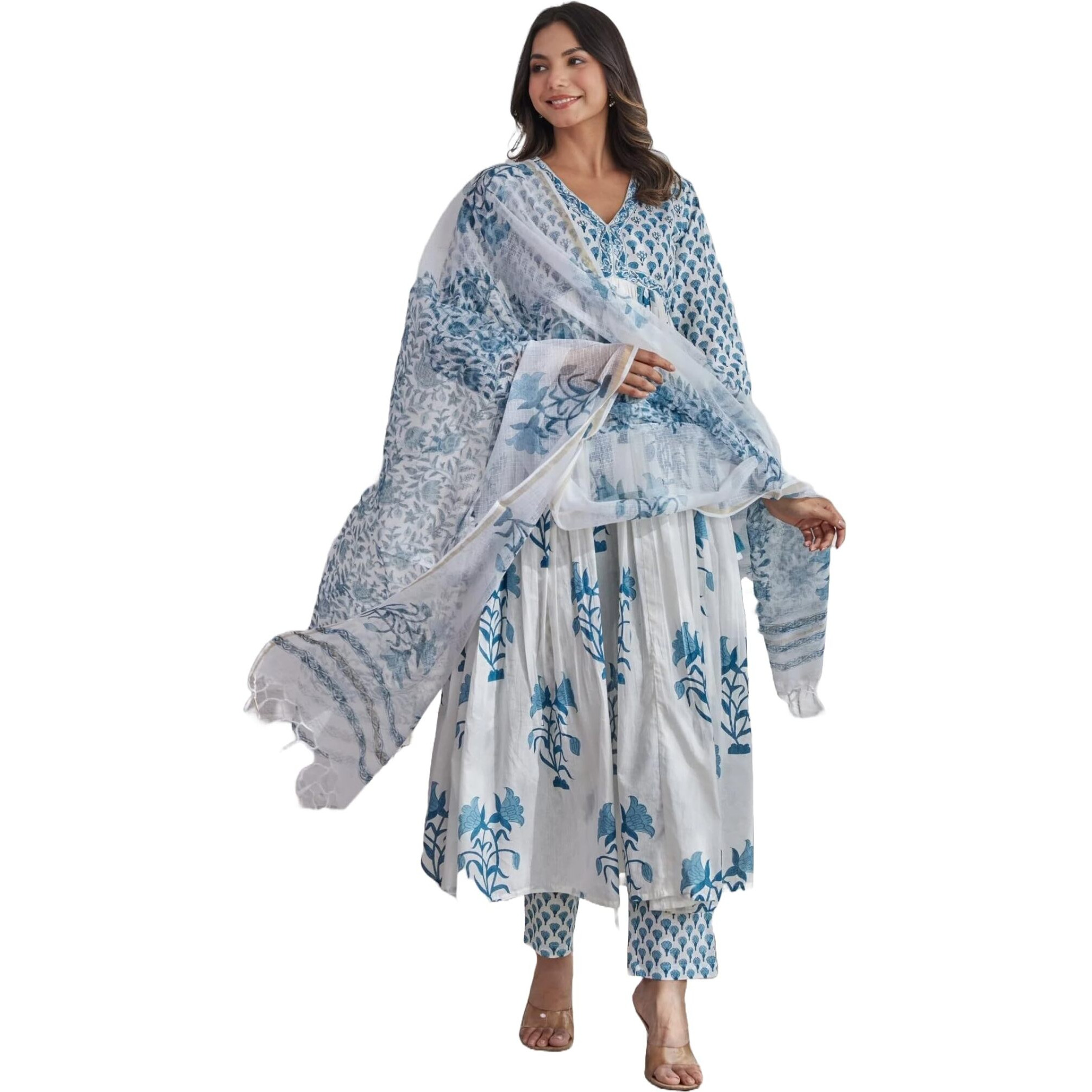 ANNI DESIGNER Women's Rayon Blend Printed Anarkali Kurta with Pant & Dupatta (Betul White_M_White_Medium)