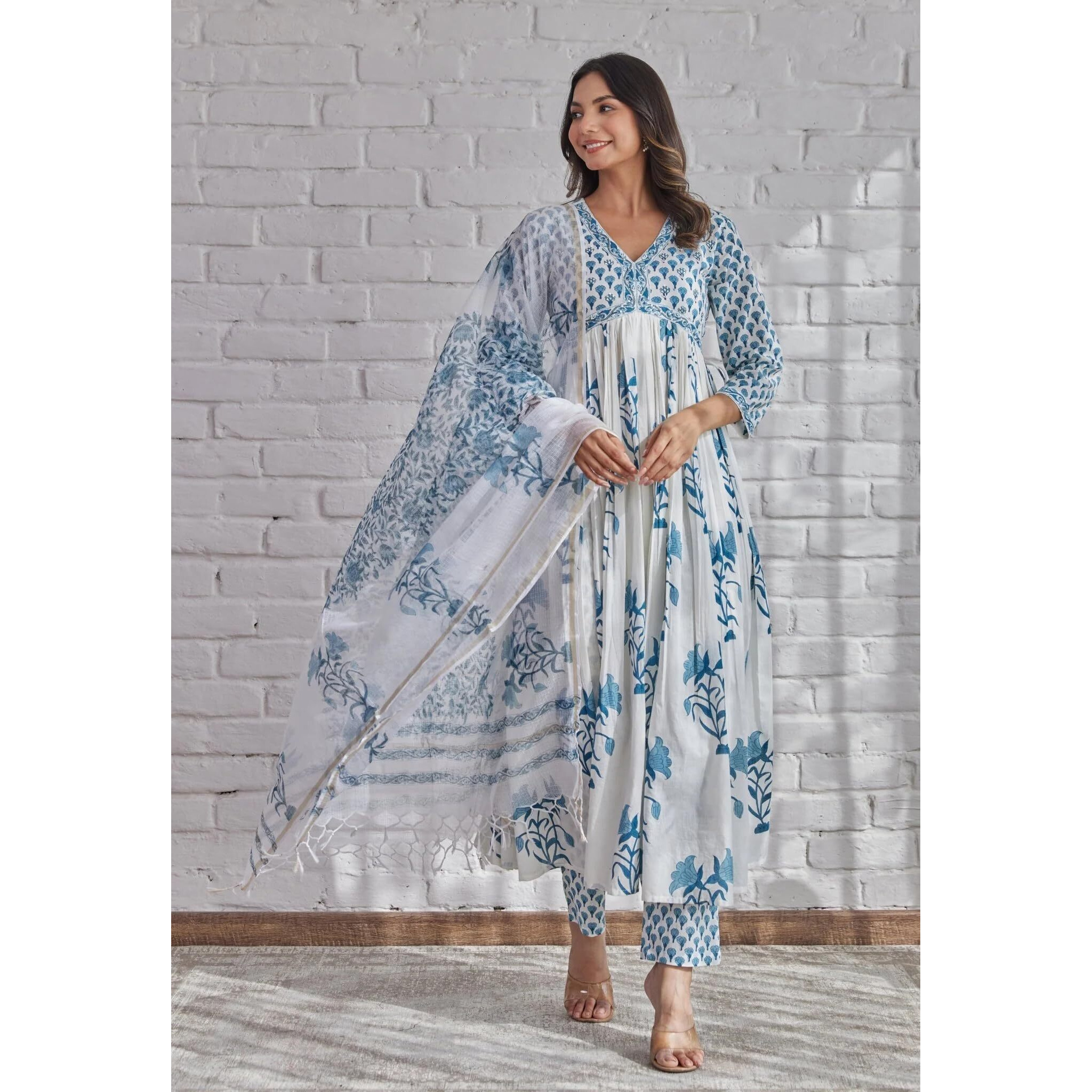 ANNI DESIGNER Women's Rayon Blend Printed Anarkali Kurta with Pant & Dupatta (Betul White_M_White_Medium)