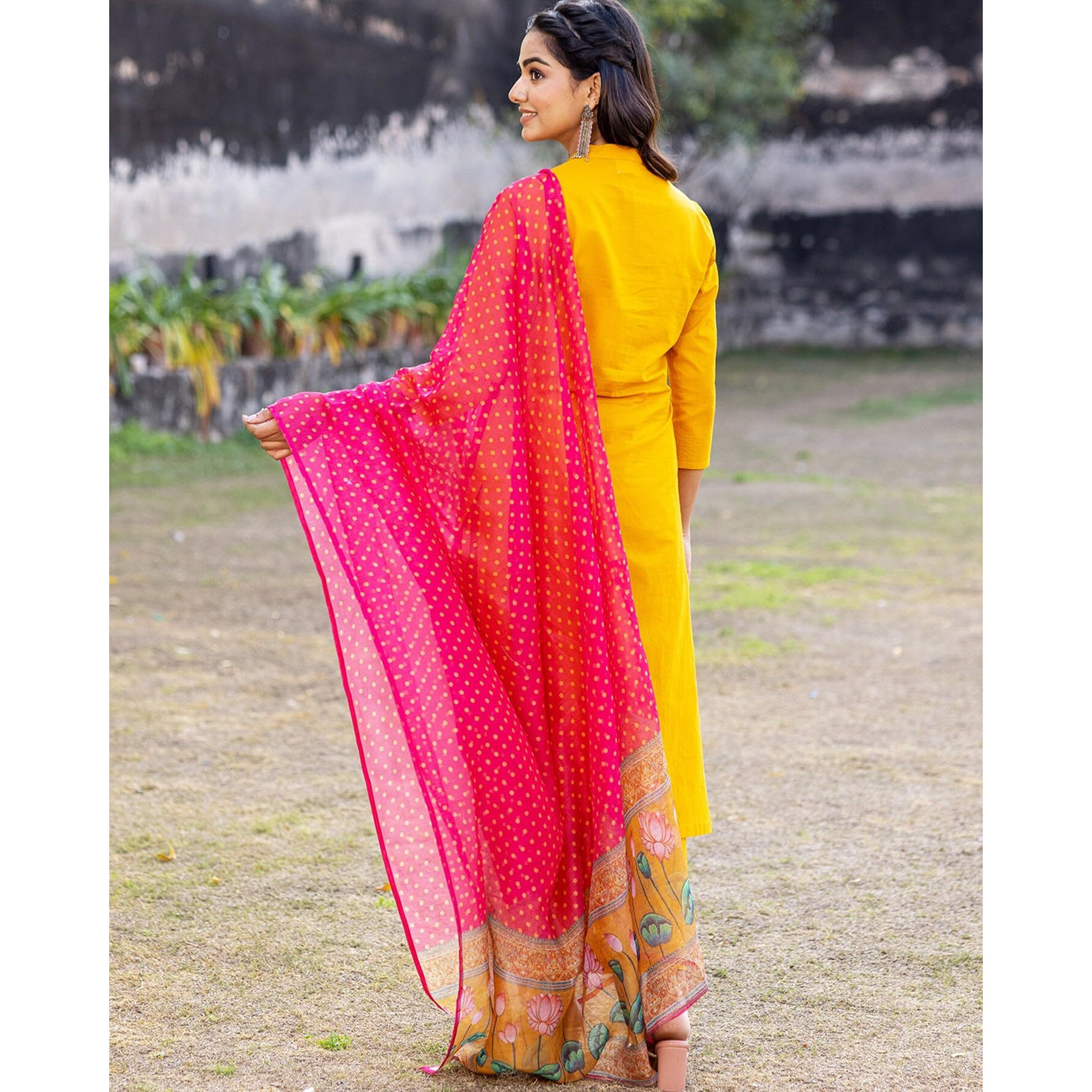 ANNI DESIGNER Women's Cotton Blend Straight Printed Kurta with Pant & Dupatta (Devanshi-Yellow_S_Yellow_Small)