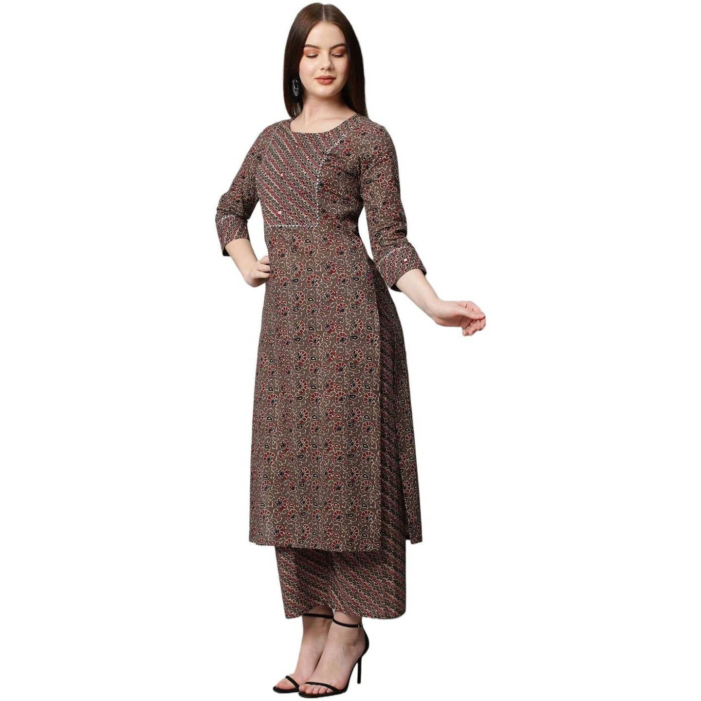ANNI DESIGNER Women's Cotton Blend Traditional Straight Printed Kurta and Palazzo Set (Janar Dark Brown_S_Dark Brown_Small)