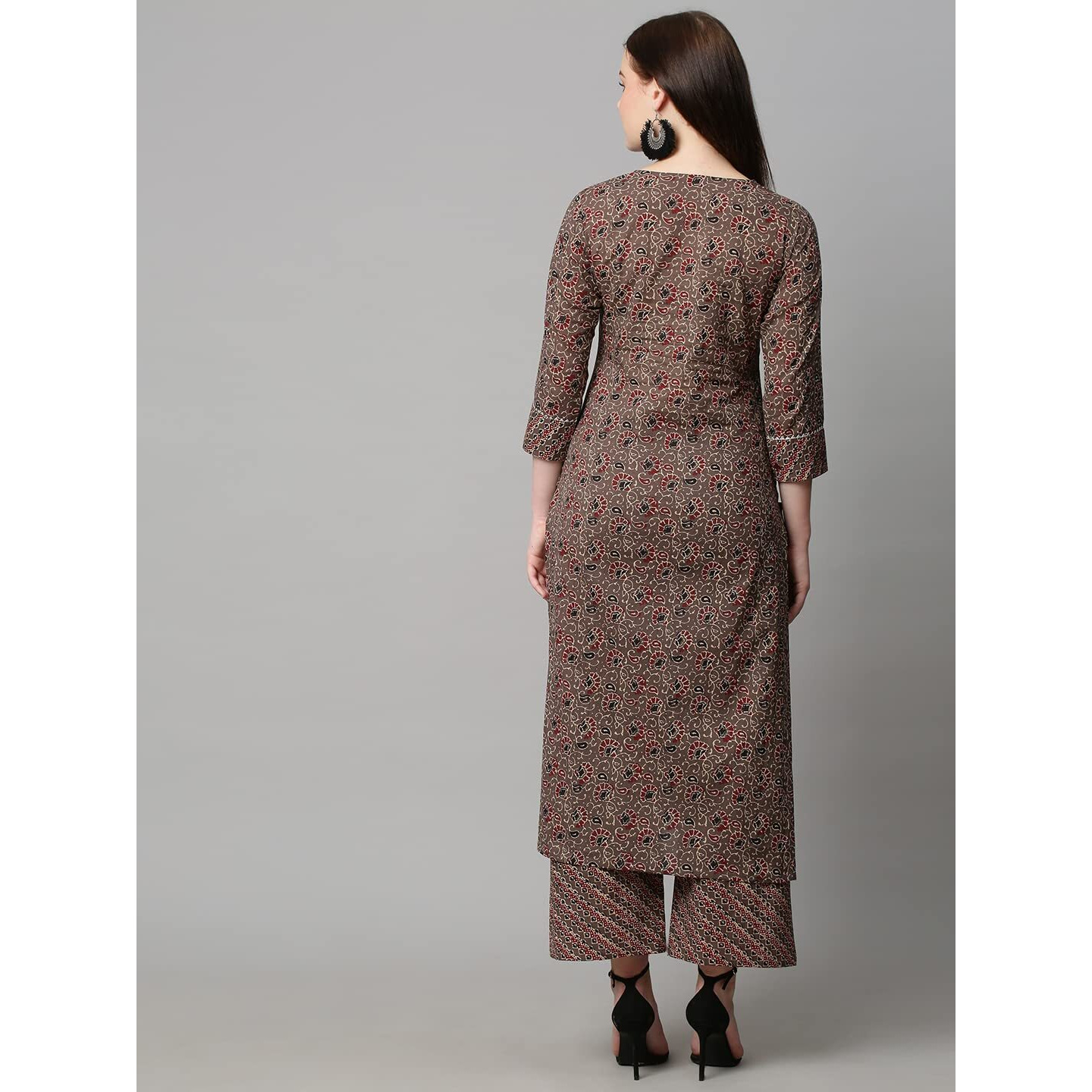 ANNI DESIGNER Women's Cotton Blend Traditional Straight Printed Kurta and Palazzo Set (Janar Dark Brown_S_Dark Brown_Small)