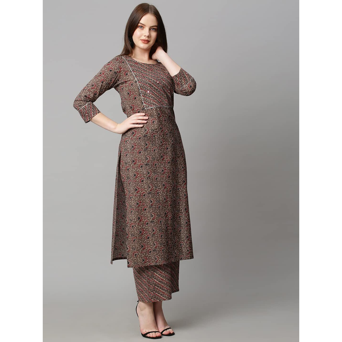 ANNI DESIGNER Women's Cotton Blend Traditional Straight Printed Kurta and Palazzo Set (Janar Dark Brown_S_Dark Brown_Small)