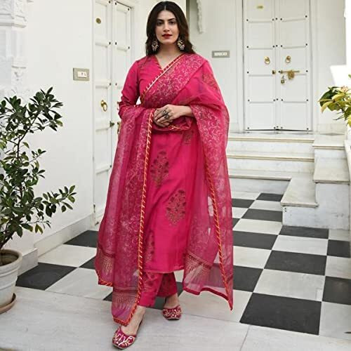 ANNI DESIGNER Women's Cotton Blend Straight Kurta with Pant & Dupatta (Garden Pink_S_Pink_Small)
