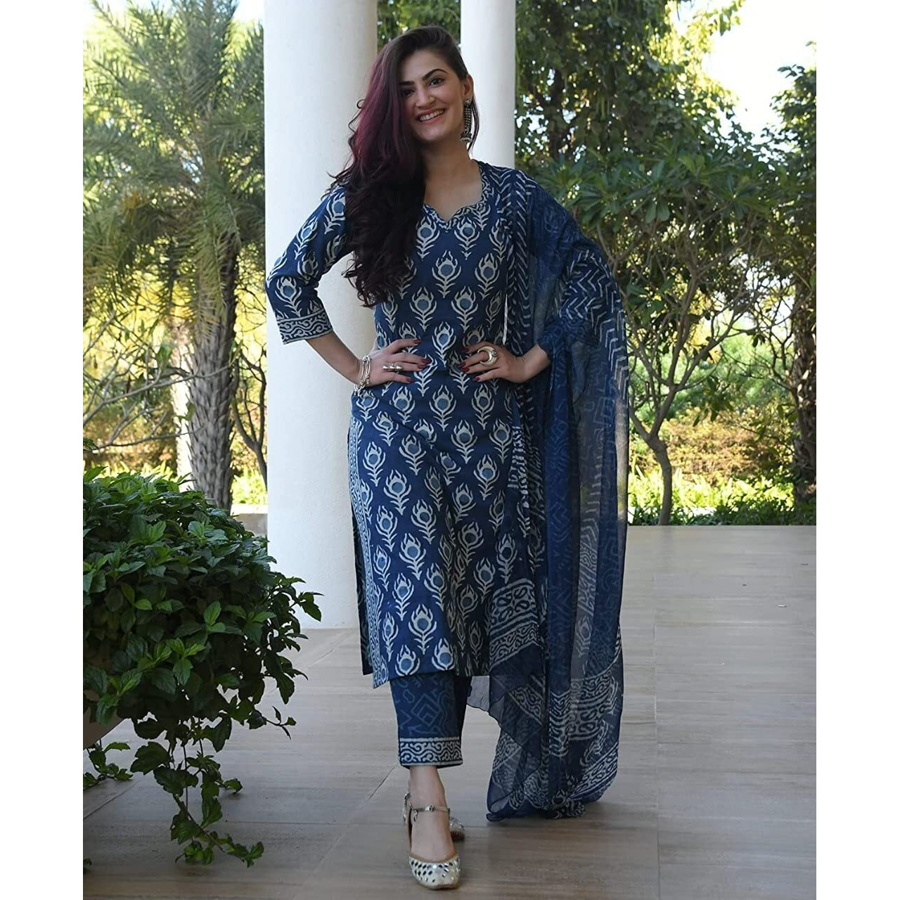 ANNI DESIGNER Women's Rayon Straight Printed Kurta with Pant & Dupatta (Bulgeriya-Blue_XXL_Blue_XX-Large)