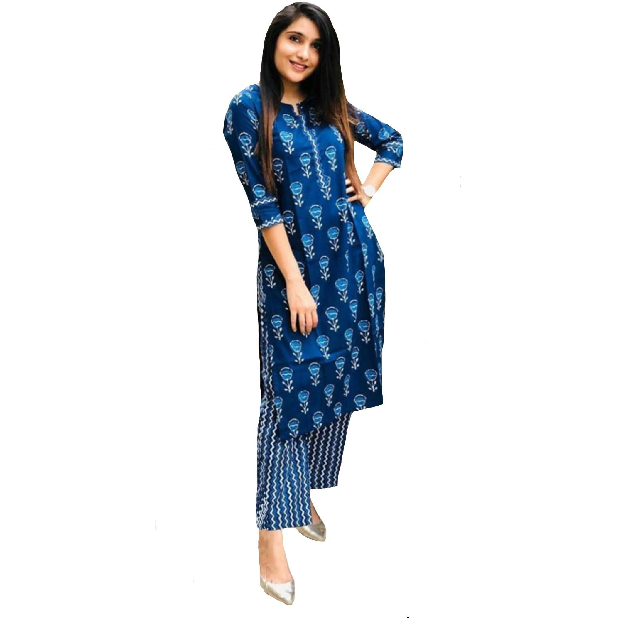 ANNI DESIGNER Women's Pure Cotton Flower Print Kurta Plazzo Set (Blue,S)