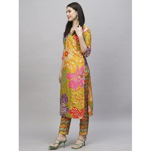ANNI DESIGNER Women's Cotton Blend Straight Fit Printed Kurta with Pant (Wahida Yellow_L_Yellow_Large)