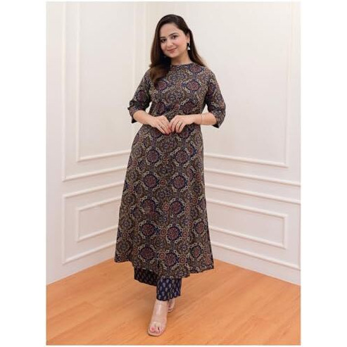 ANNI DESIGNER Women's Cotton Blend Printed Straight Fit Kurta with Palazzo (ABP-Clrs_Blue_Small)