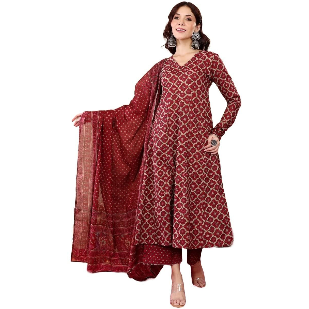 KLOSIA Women Printed Anarkali Kurta and Pant with Dupatta Set (in, Alpha, L, Red)
