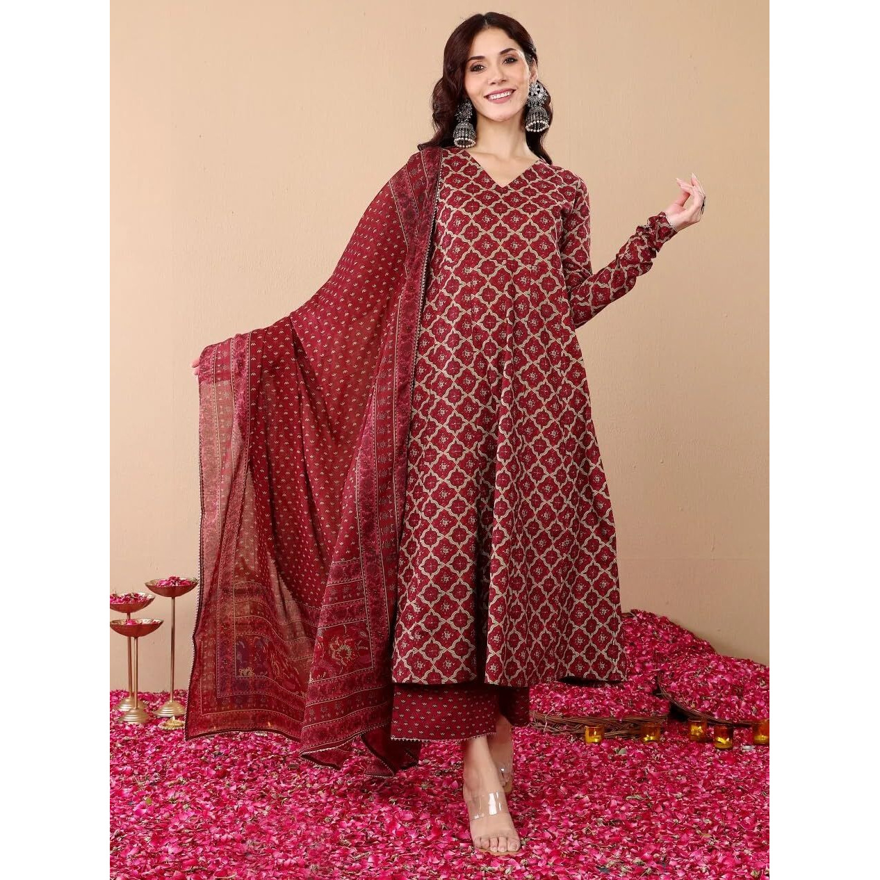 KLOSIA Women Printed Anarkali Kurta and Pant with Dupatta Set (in, Alpha, L, Red)