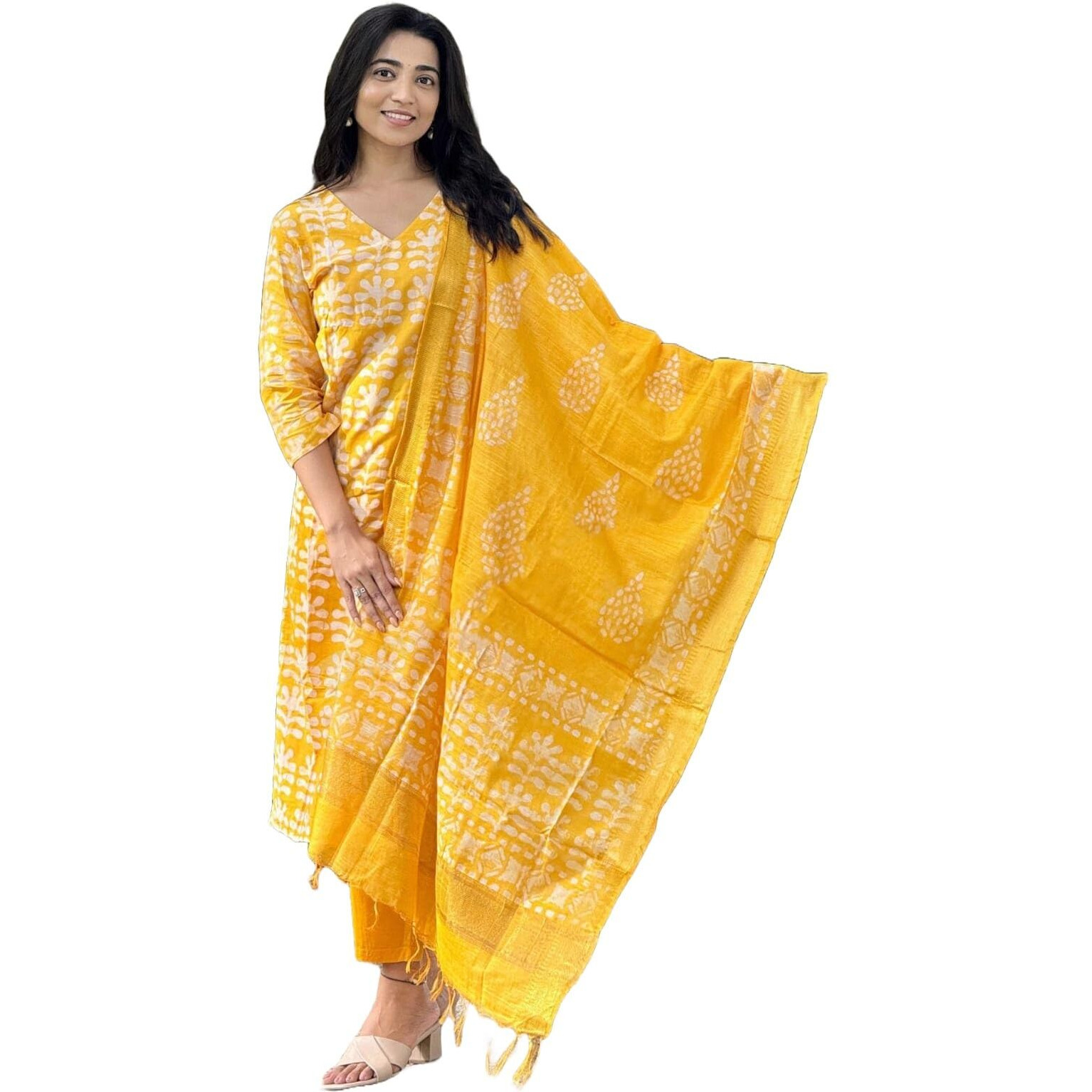 KLOSIA Women Printed Straight Kurta and Pant with Dupatta Set (in, Alpha, M, Mustard)