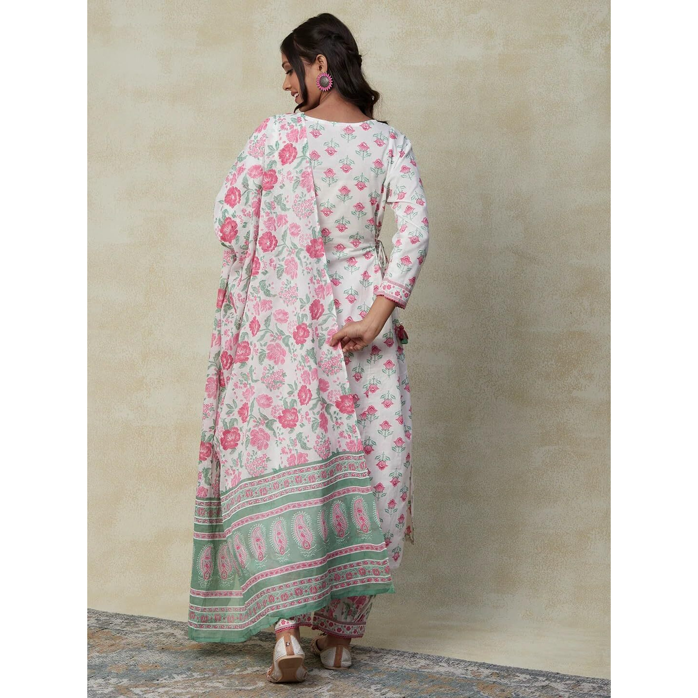 KLOSIA Women Block Printed Kurta and Pant with Dupatta Set (X-Large) White