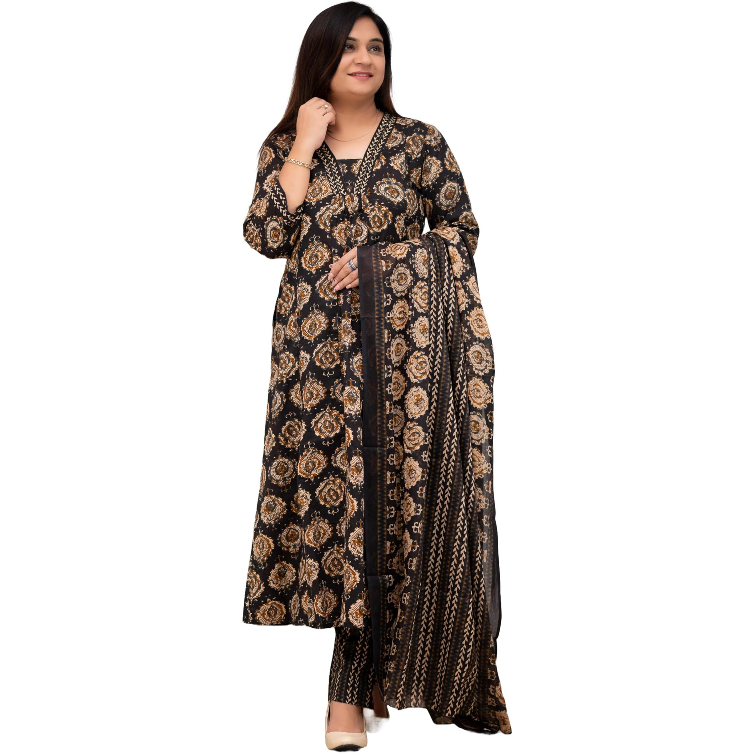 KLOSIA Viscose Women Straight Printed Kurta and Pant Set with Dupatta (in, Alpha, 2XL, Black)