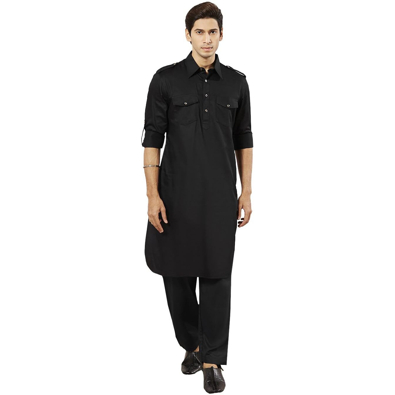 VASTRAMAY Men Cotton Pathani Khan Suit Set (Black_VASMPTBL009_40)