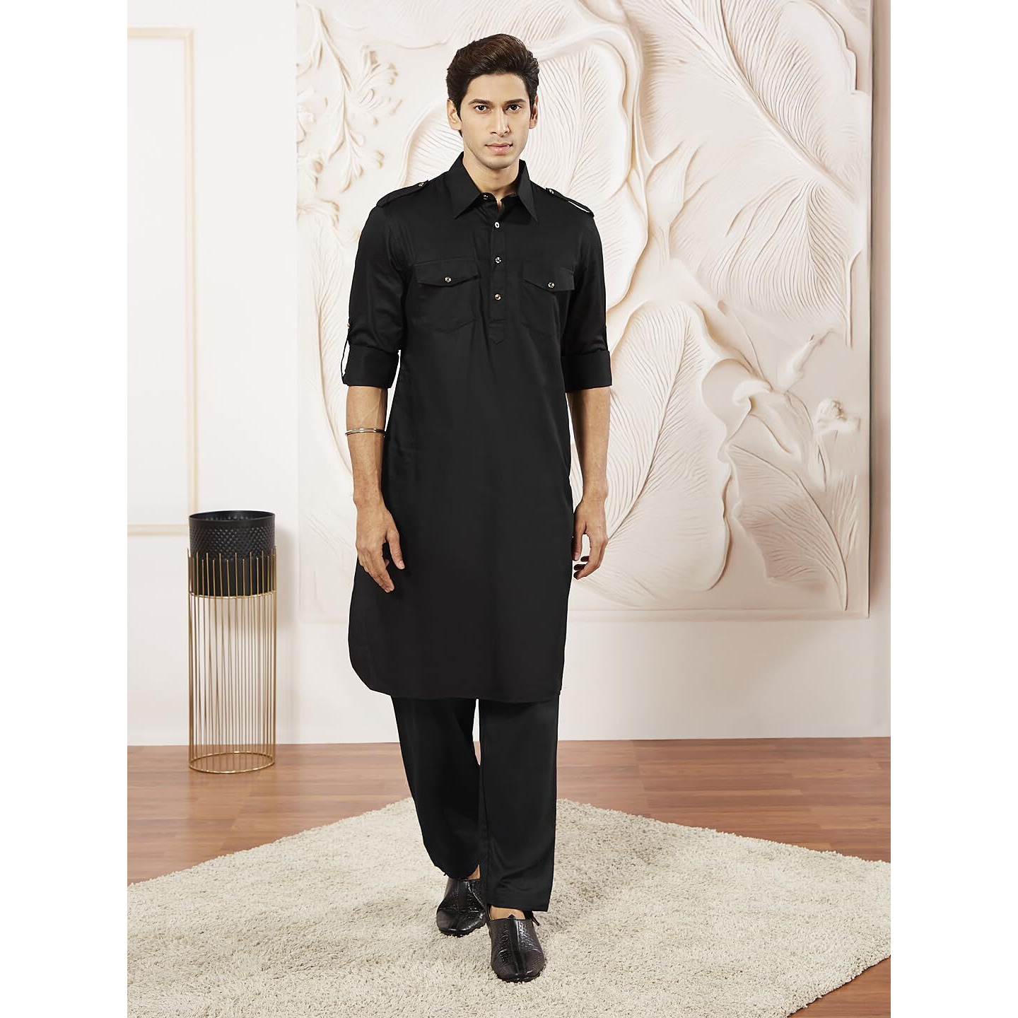 VASTRAMAY Men Cotton Pathani Khan Suit Set (Black_VASMPTBL009_40)
