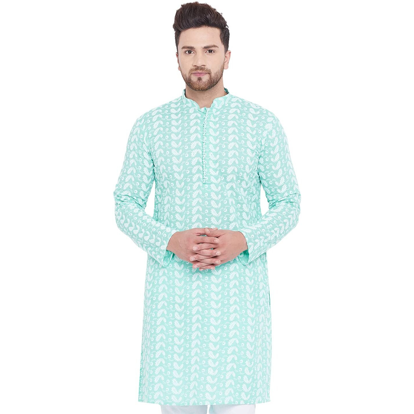 VASTRAMAY Mens Cotton Green and White Kurta - Elegance for Festivals & Events_VASMK094GN_38