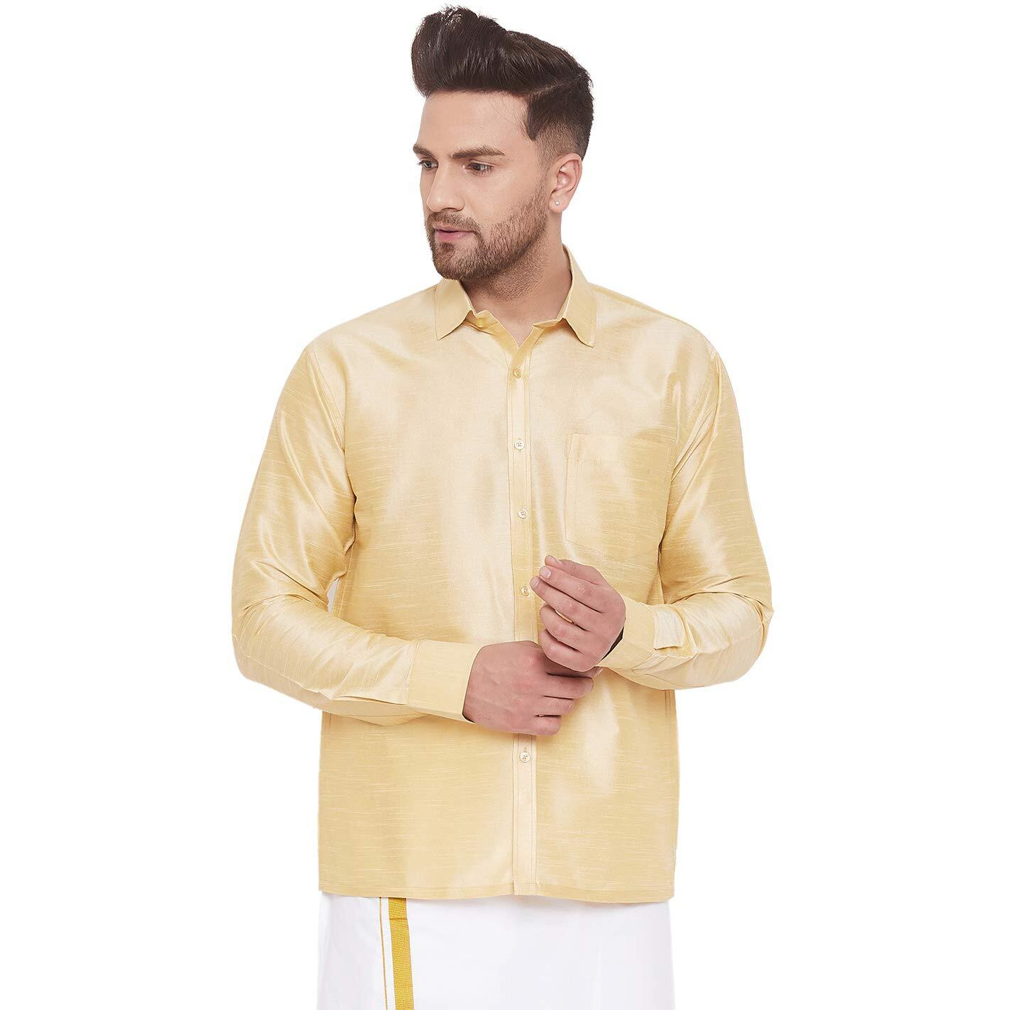 VASTRAMAY Men's Gold Ethnic South Indian Silk Blend Shirt, Full Sleeve with Cuffed Sleeves, Perfect for Festive, Wedding, and Formal Occasions