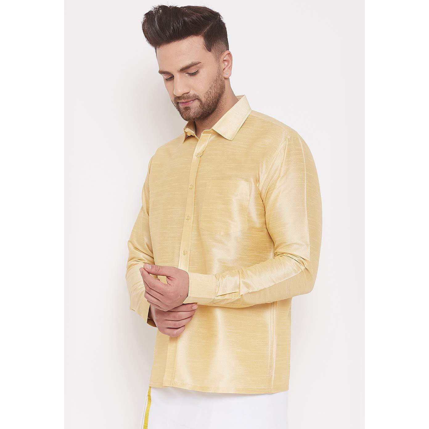 VASTRAMAY Men's Gold Ethnic South Indian Silk Blend Shirt, Full Sleeve with Cuffed Sleeves, Perfect for Festive, Wedding, and Formal Occasions