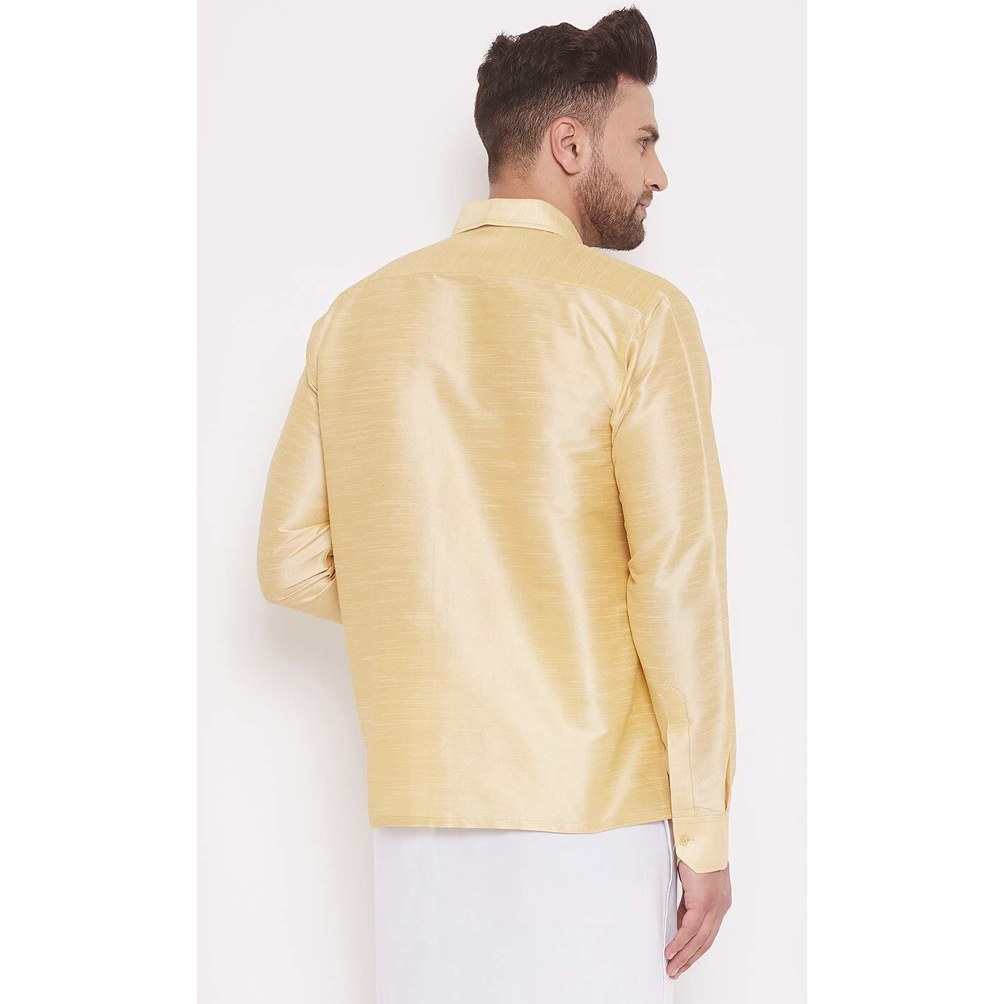 VASTRAMAY Men's Gold Ethnic South Indian Silk Blend Shirt, Full Sleeve with Cuffed Sleeves, Perfect for Festive, Wedding, and Formal Occasions