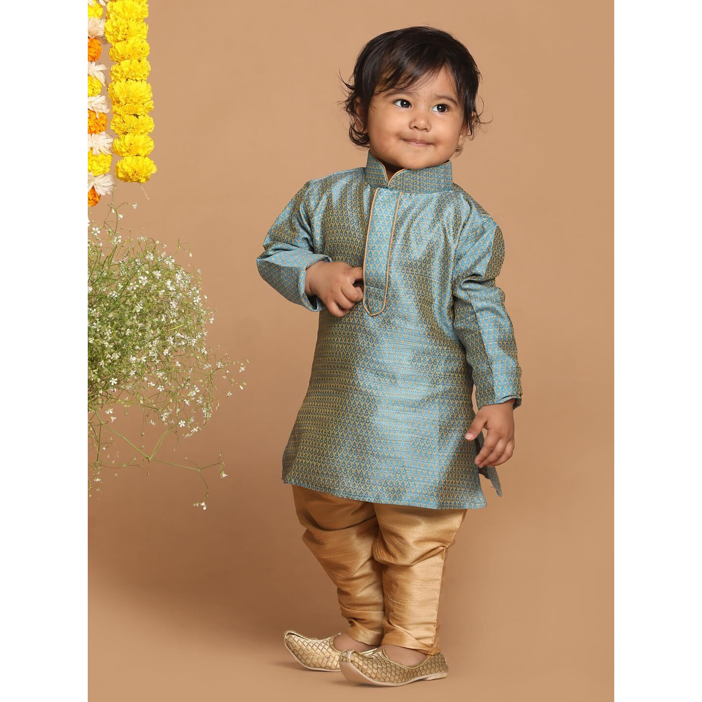 VASTRAMAY Infant Boys Azure and Rose Gold Silk Blend Kurta Pyjama Set_VSHISBK047AQnPRG_16