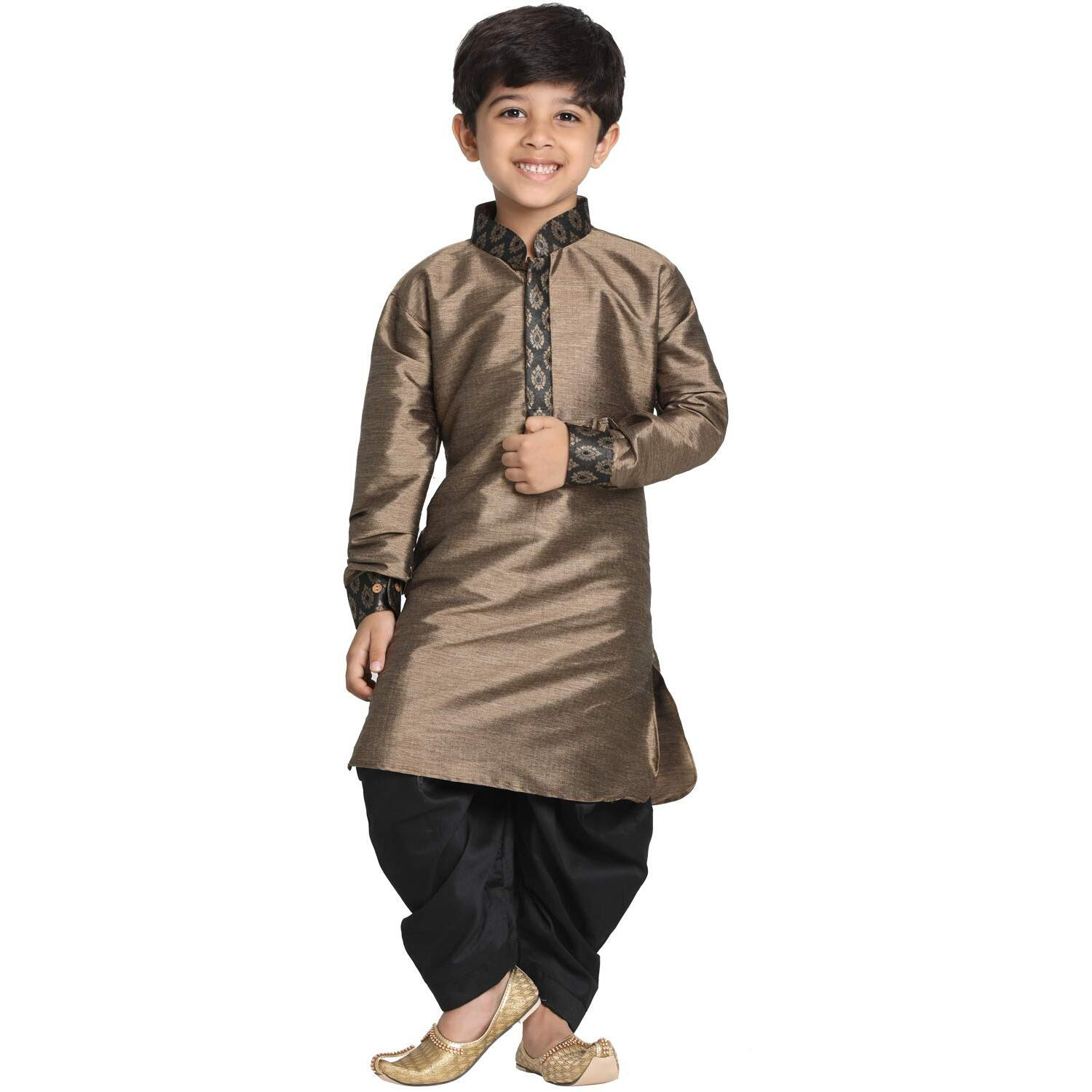 JBN Creation Boys' Bronze and Black Silk Blend Kurta and Dhoti Pant Set