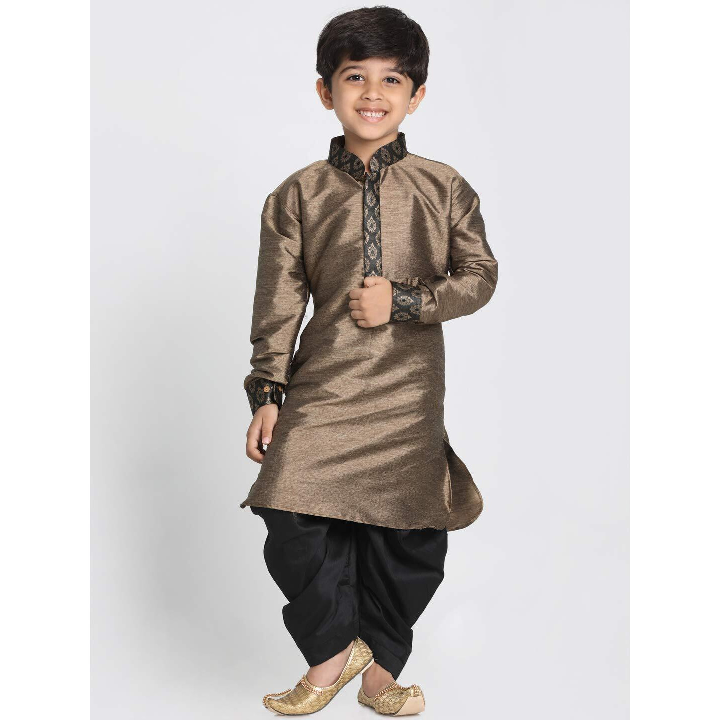 JBN Creation Boys' Bronze and Black Silk Blend Kurta and Dhoti Pant Set