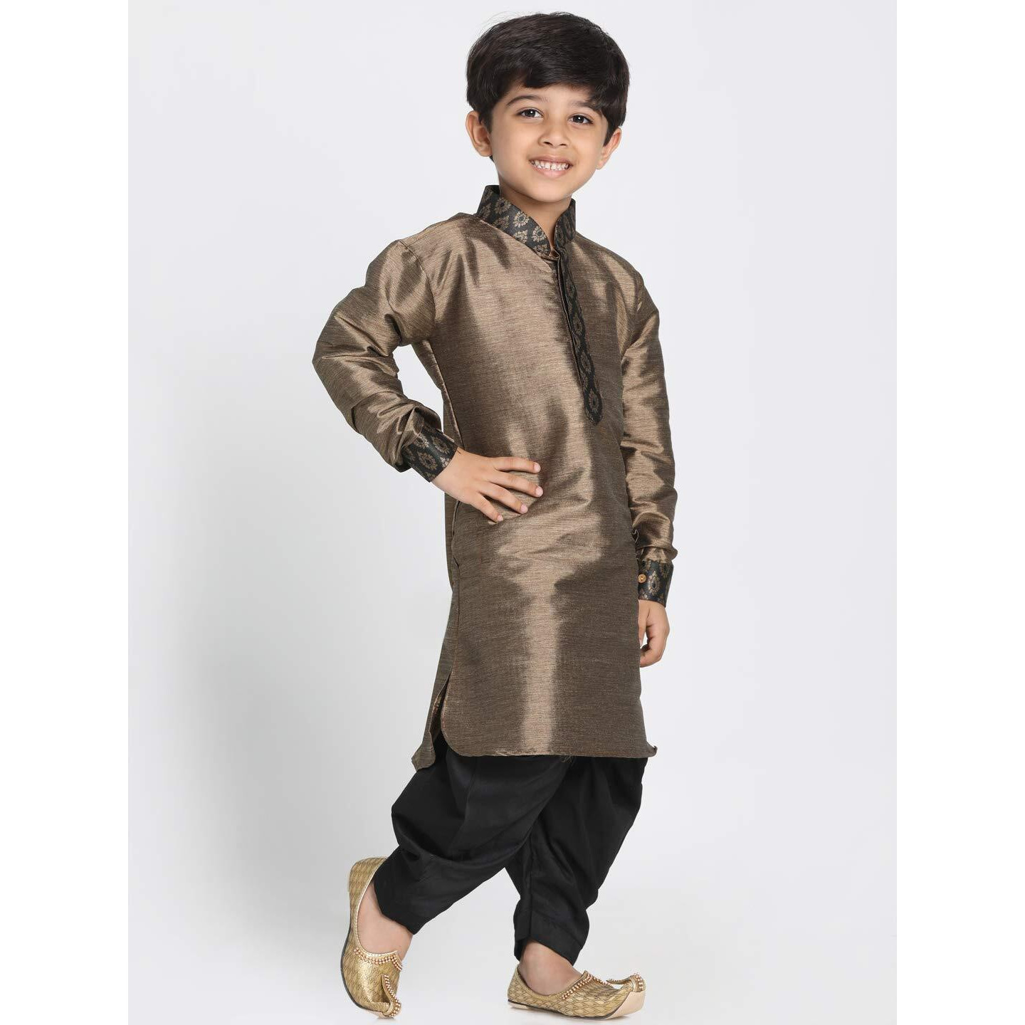 JBN Creation Boys' Bronze and Black Silk Blend Kurta and Dhoti Pant Set