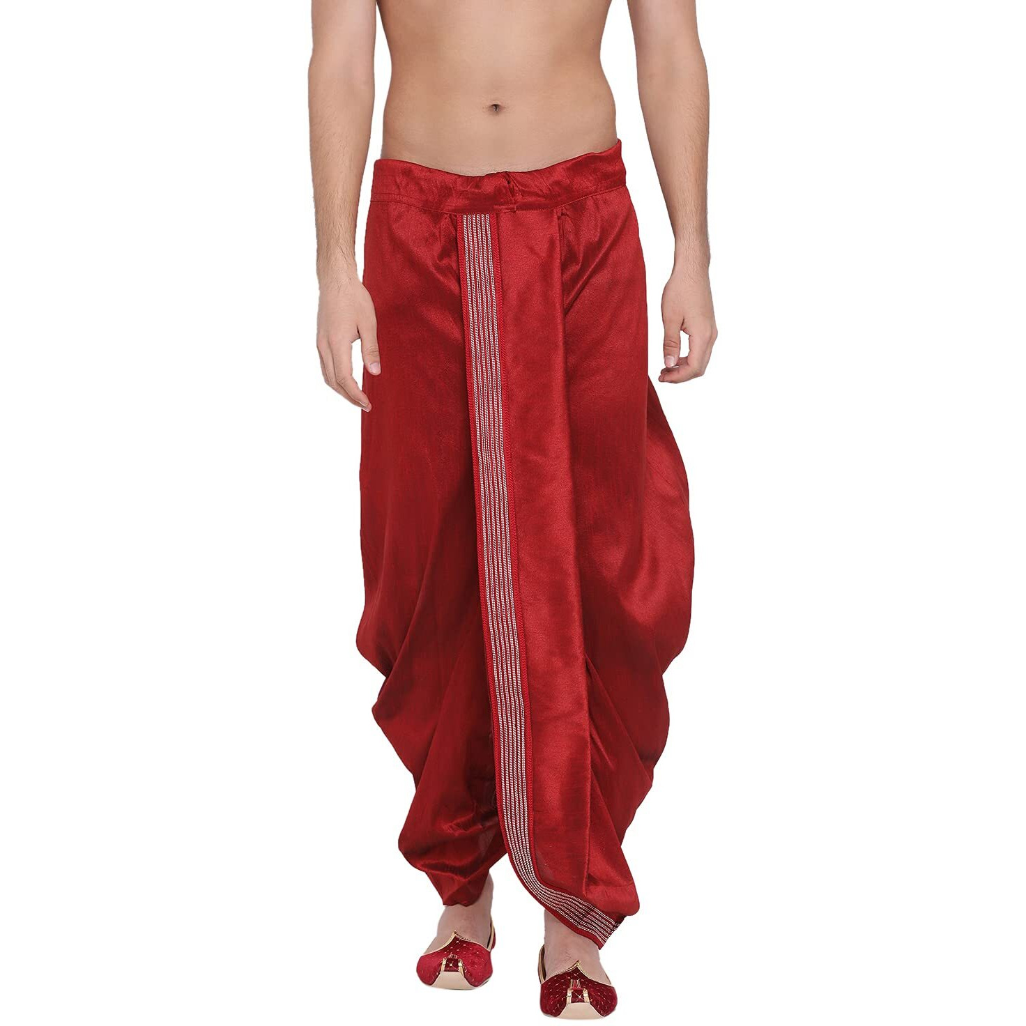 VASTRAMAY Men's Maroon Silk Blend Ethnic Dhoti(Gold_Free Size_VASMDT007MA)