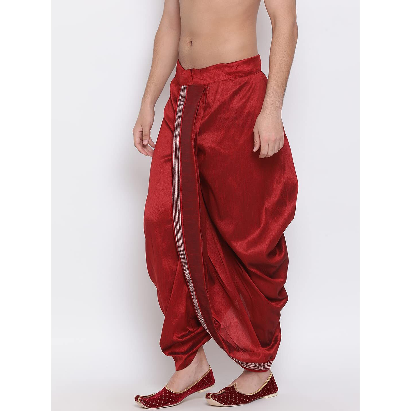 VASTRAMAY Men's Maroon Silk Blend Ethnic Dhoti(Gold_Free Size_VASMDT007MA)