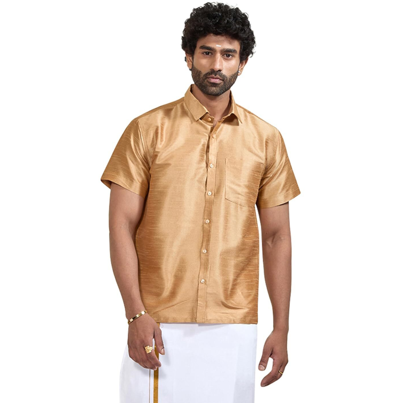 VASTRAMAY Men's Rose Gold Silk Blend South Indian Ethnic Shirt - Half Sleeve, Traditional Madras Shirt for Weddings, Festivals, and Parties