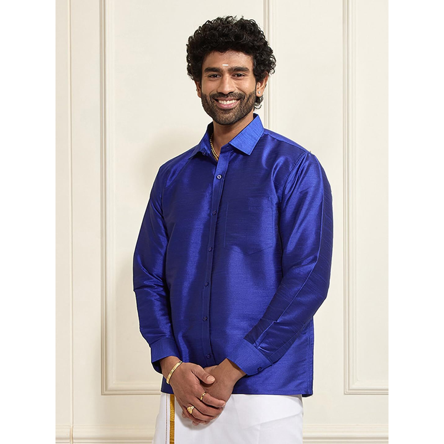 VASTRAMAY VM Mens Silk Blend Royal Blue Shirt - Effortless Style for Everyday Comfort | Ethnic South Indian Silk Shirt Full Sleeves | Modern Designs and Contemporary Fit_VASMSH002BU_40