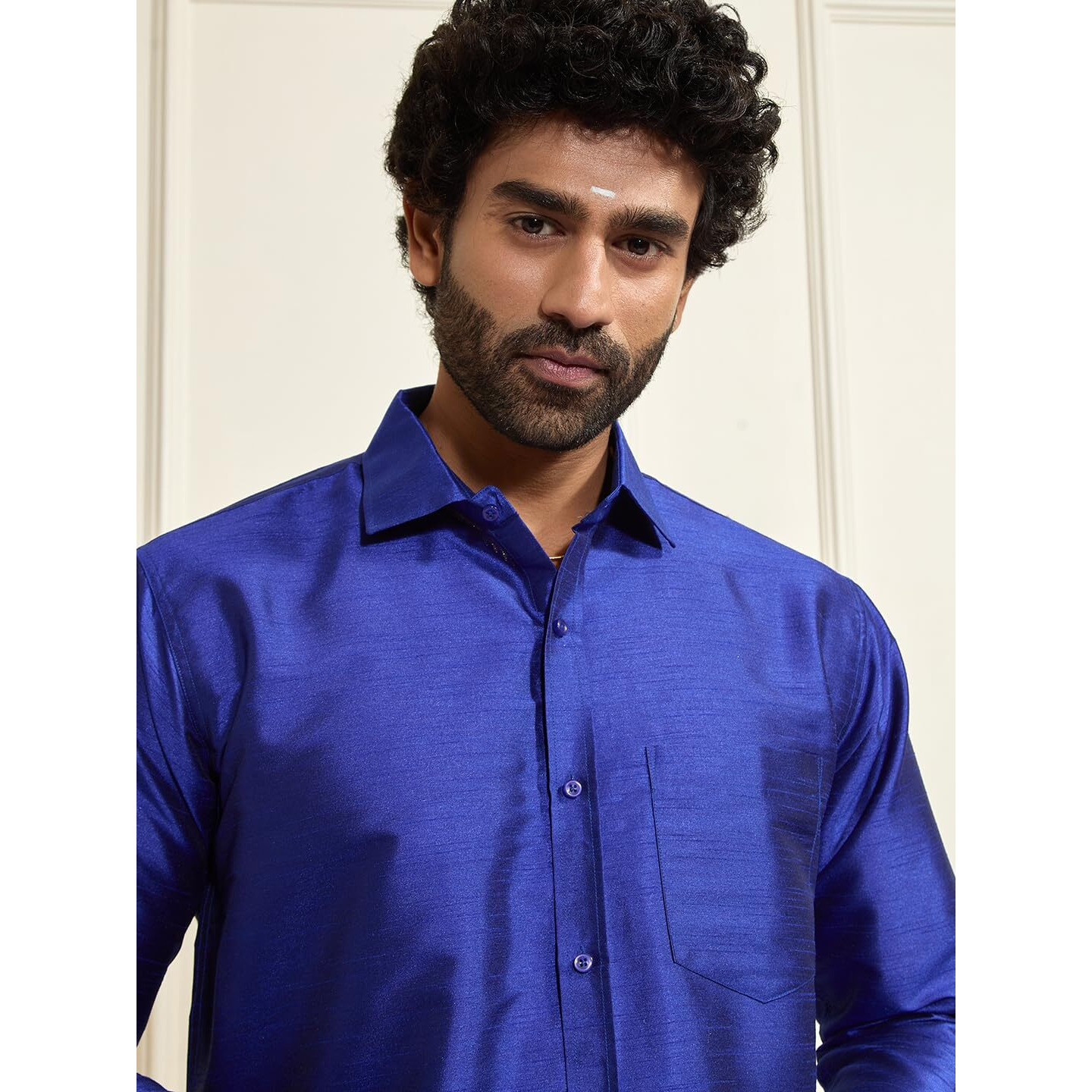 VASTRAMAY VM Mens Silk Blend Royal Blue Shirt - Effortless Style for Everyday Comfort | Ethnic South Indian Silk Shirt Full Sleeves | Modern Designs and Contemporary Fit_VASMSH002BU_40