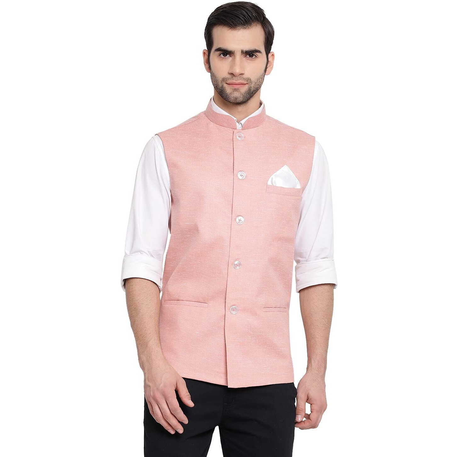 VASTRAMAY Mens Cotton Blend Coffee Nehru Jacket - Timeless Style & Versatility | Classic Royal Pastal Ethnic Sleeveless Coat for Formal & Casual Wear_VASMJ049CO_42