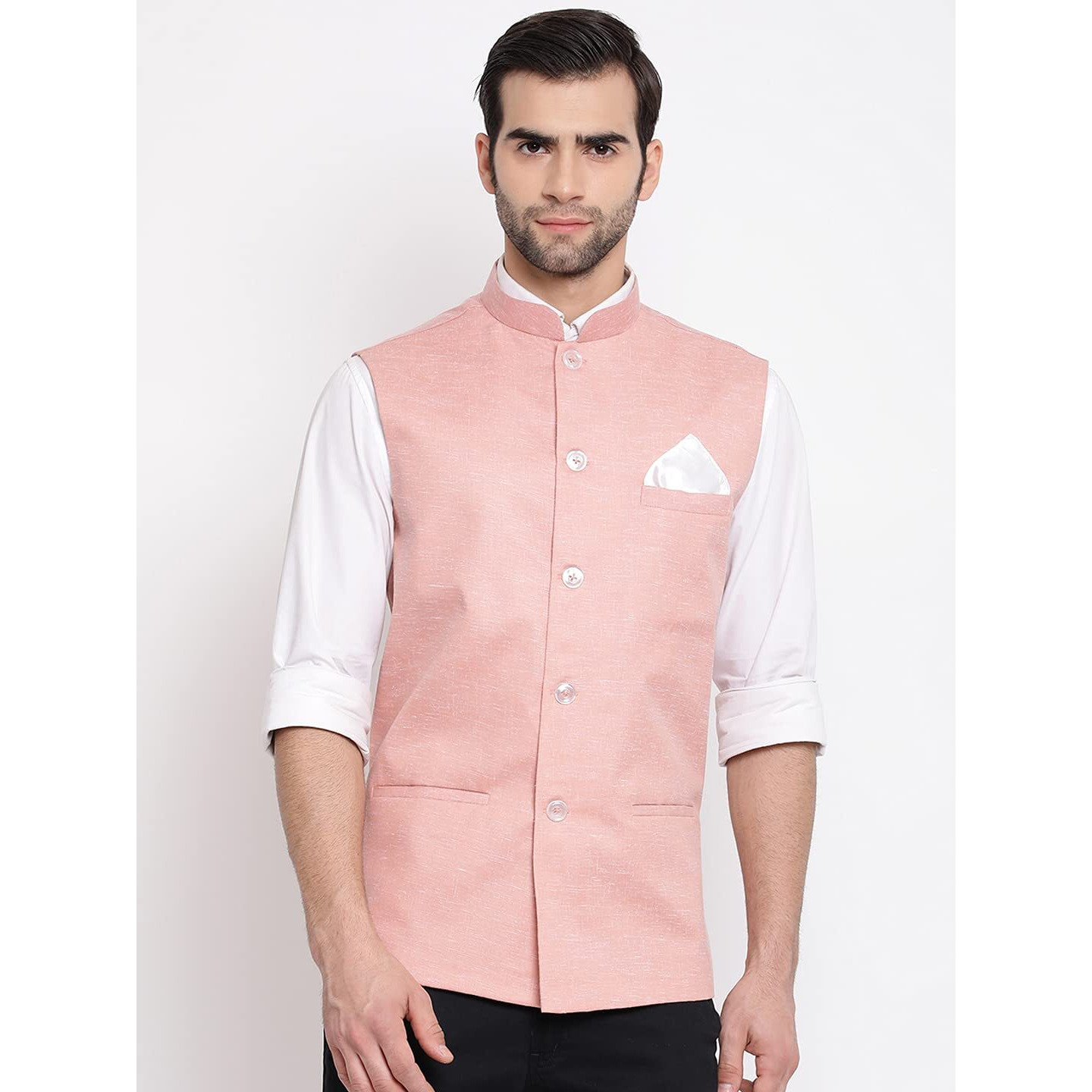 VASTRAMAY Mens Cotton Blend Coffee Nehru Jacket - Timeless Style & Versatility | Classic Royal Pastal Ethnic Sleeveless Coat for Formal & Casual Wear_VASMJ049CO_42