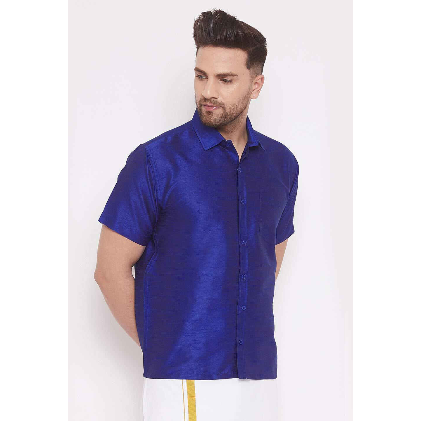 VASTRAMAY Men Cotton Silk Ethnic Shirt (Royal Blue_VASMSHBU001_38)